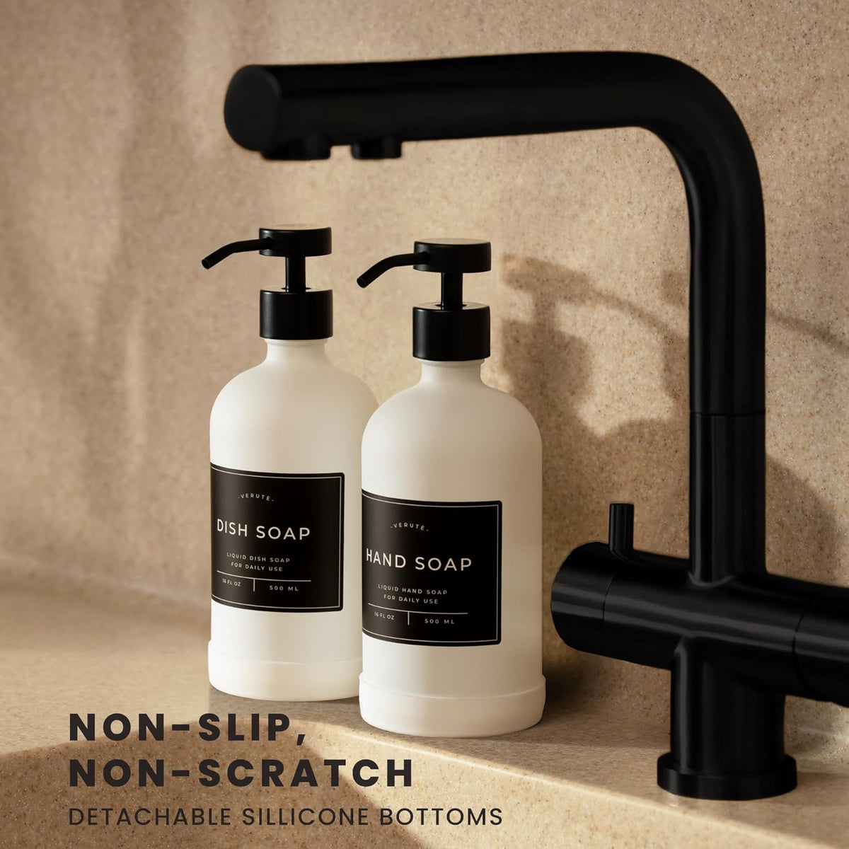 16oz Glass Soap Dispenser with Stainless Steel Pump, 21 Waterproof Labels, Non-Slip Protective