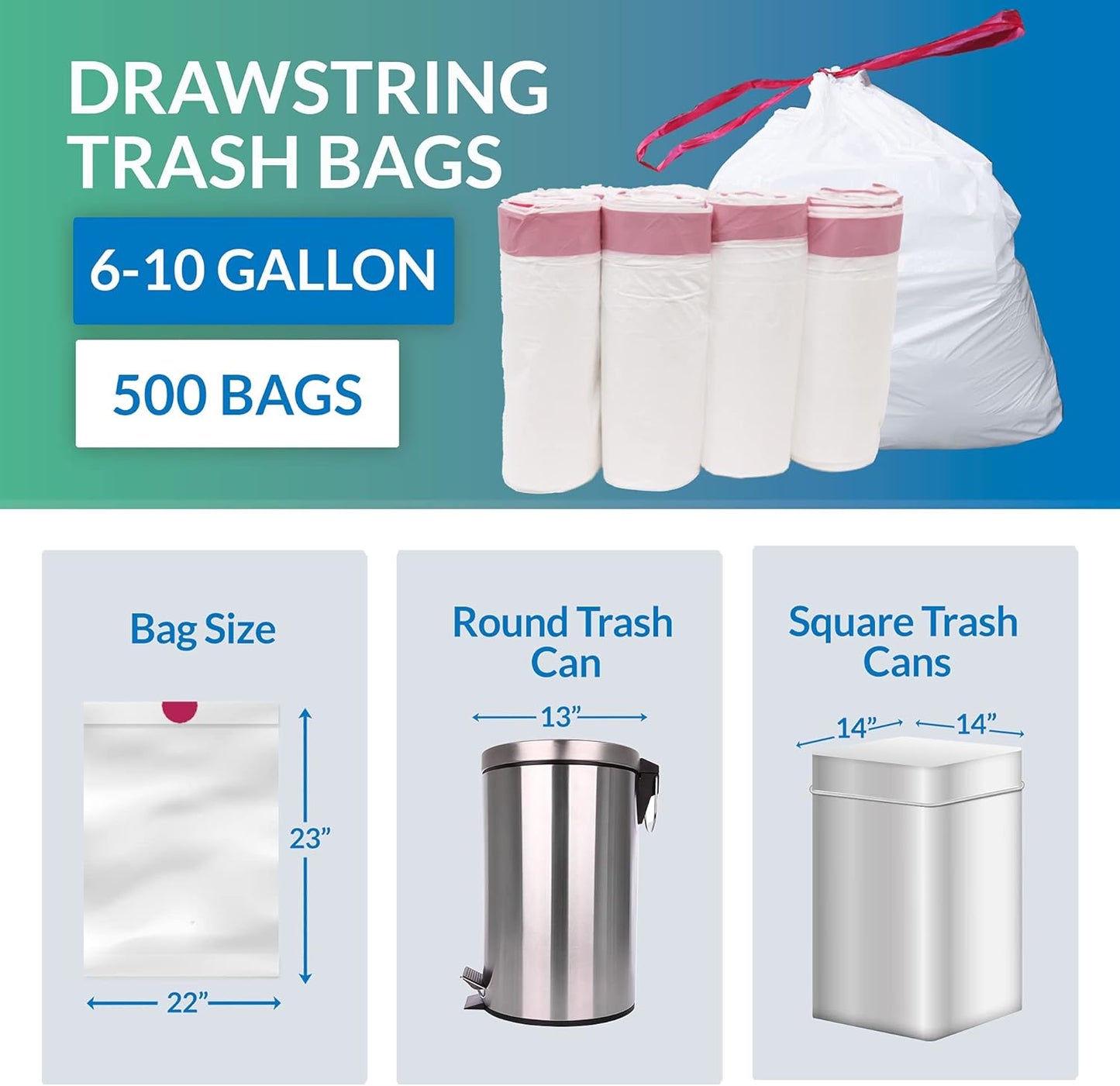 Reli. 6-10 Gallon Trash Bags Drawstring | 500 Count Bulk | 22"x23" | 6, 8, 10 Gallon Drawstring