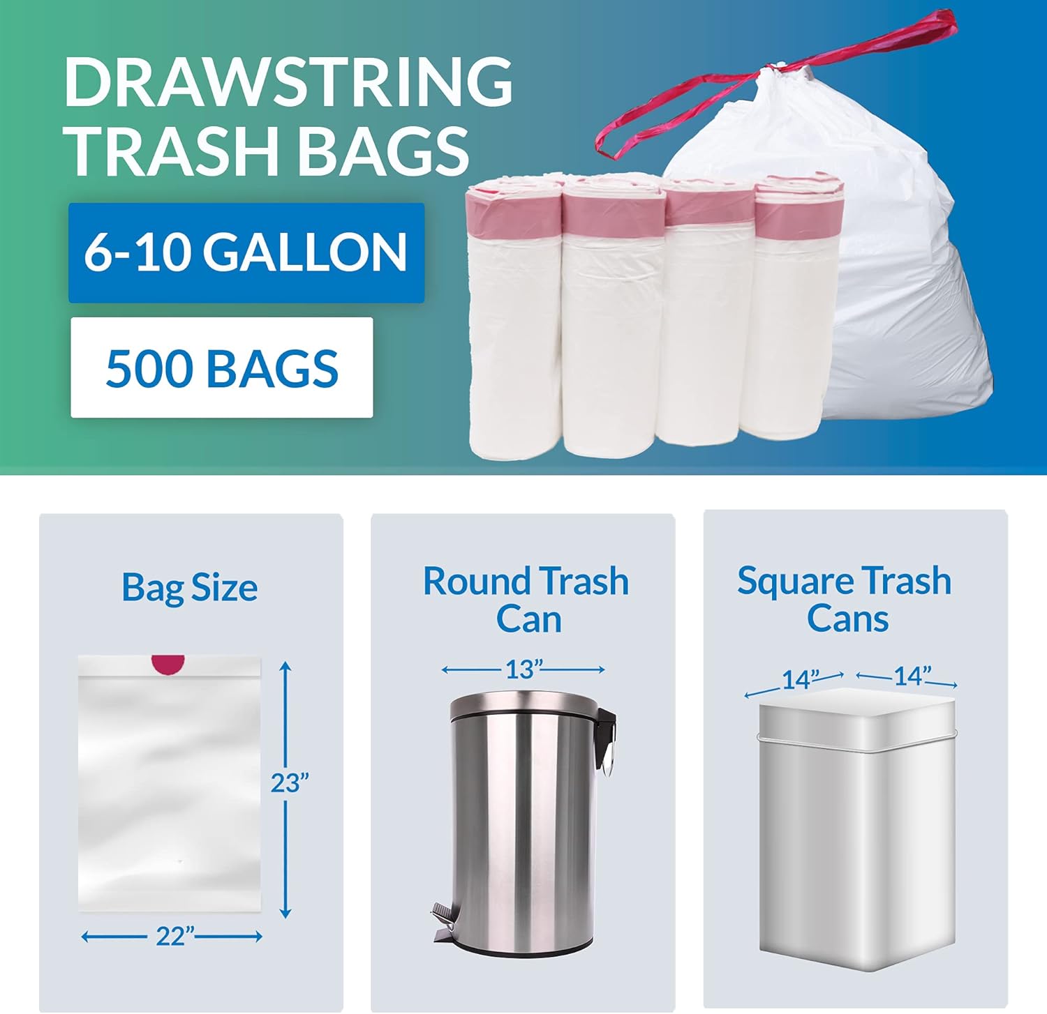 Reli. 6-10 Gallon Trash Bags Drawstring | 500 Count Bulk | 22"x23" | 6, 8, 10 Gallon Drawstring