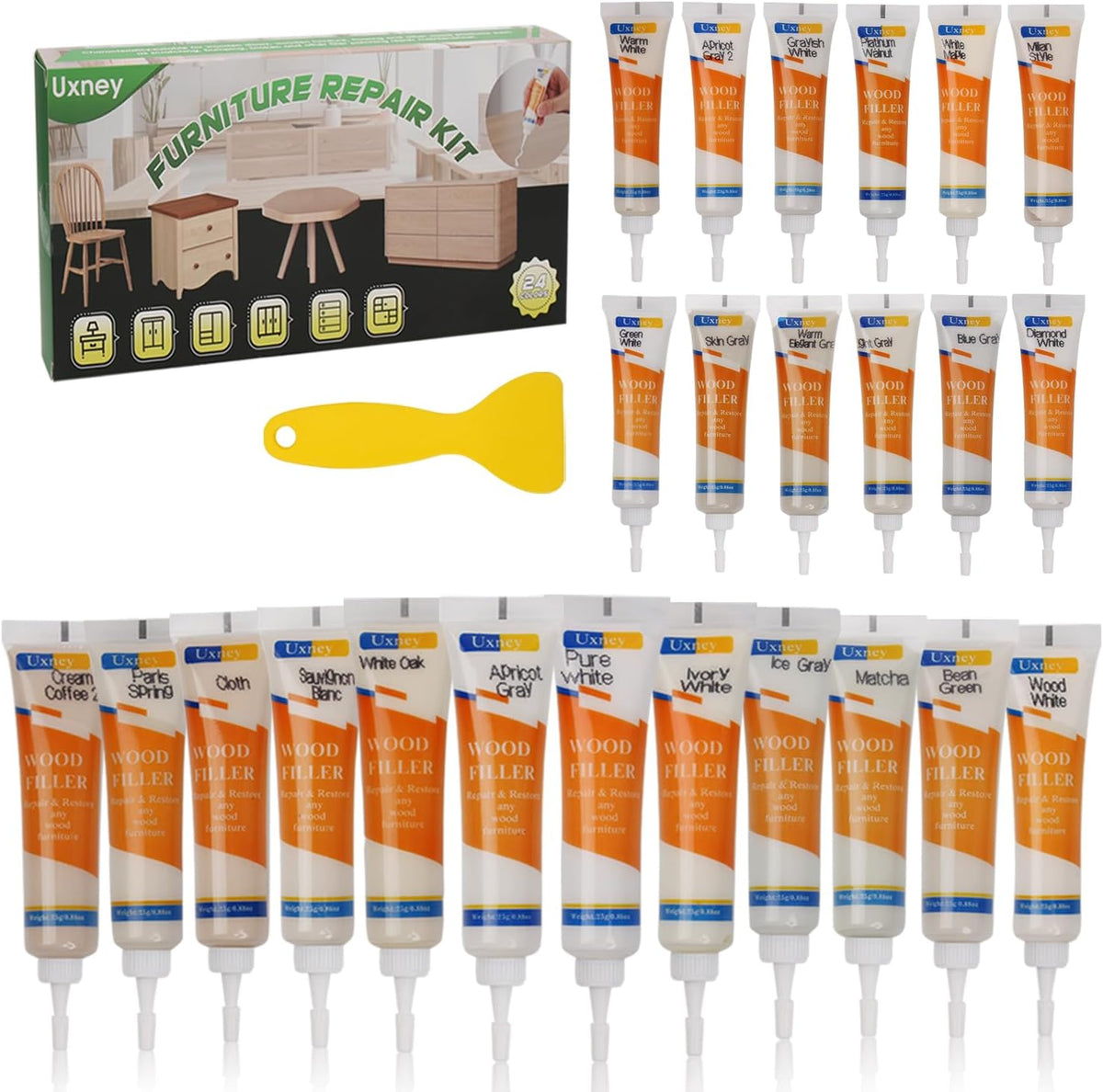 Wood Furniture Repair Kit,24 Colors Wood Fillers,Scratch Repair Covers & Removers for Repairing