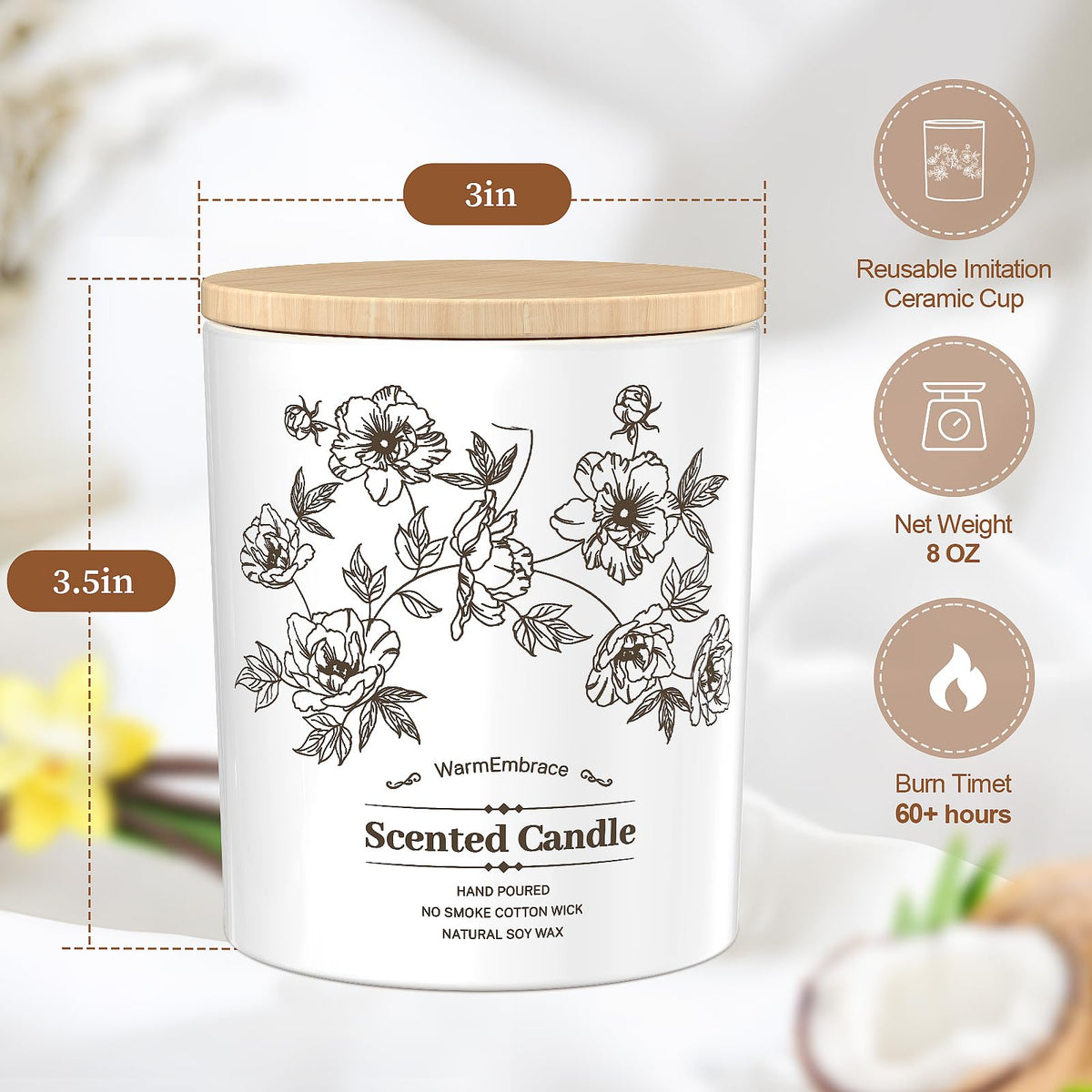 WarmEmbrace Deluxe Scented Candle for Women & Men, Vanilla Coconut, 8 Oz