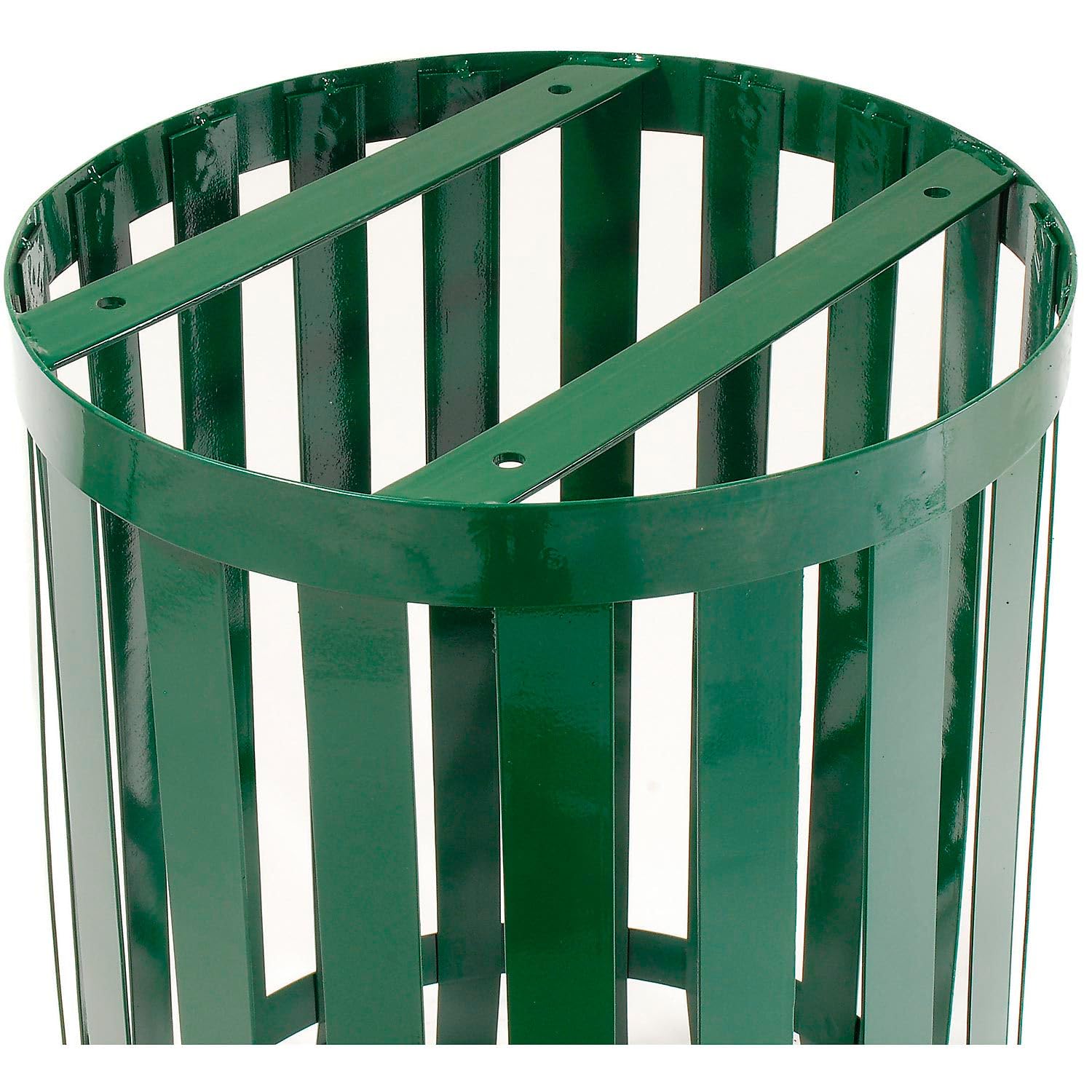 Global Industrial 36 Gallon Outdoor Slatted Steel Round Trash Can with Flat Lid, Plastic Liner &