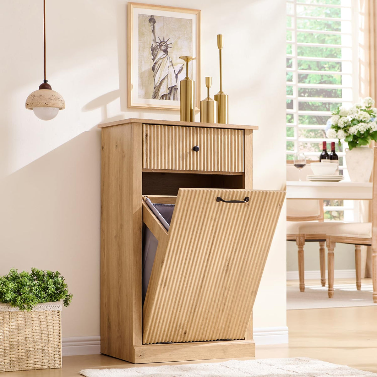 Modern Tilt-Out Trash Can Cabinet, 10 Gallon Fluted Laundry Hamper Cabinet with Drawers, Wooden