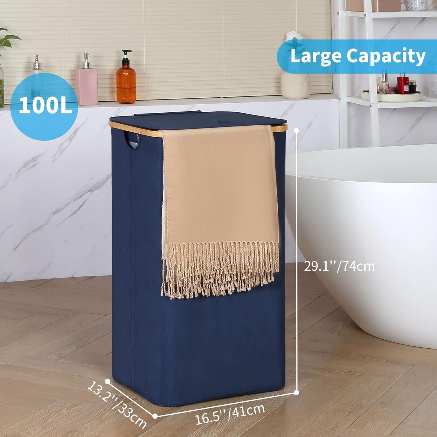 efluky Laundry Basket with Lid and Removable Bag, 100L Tall Laundry Hamper with Bamboo Handles