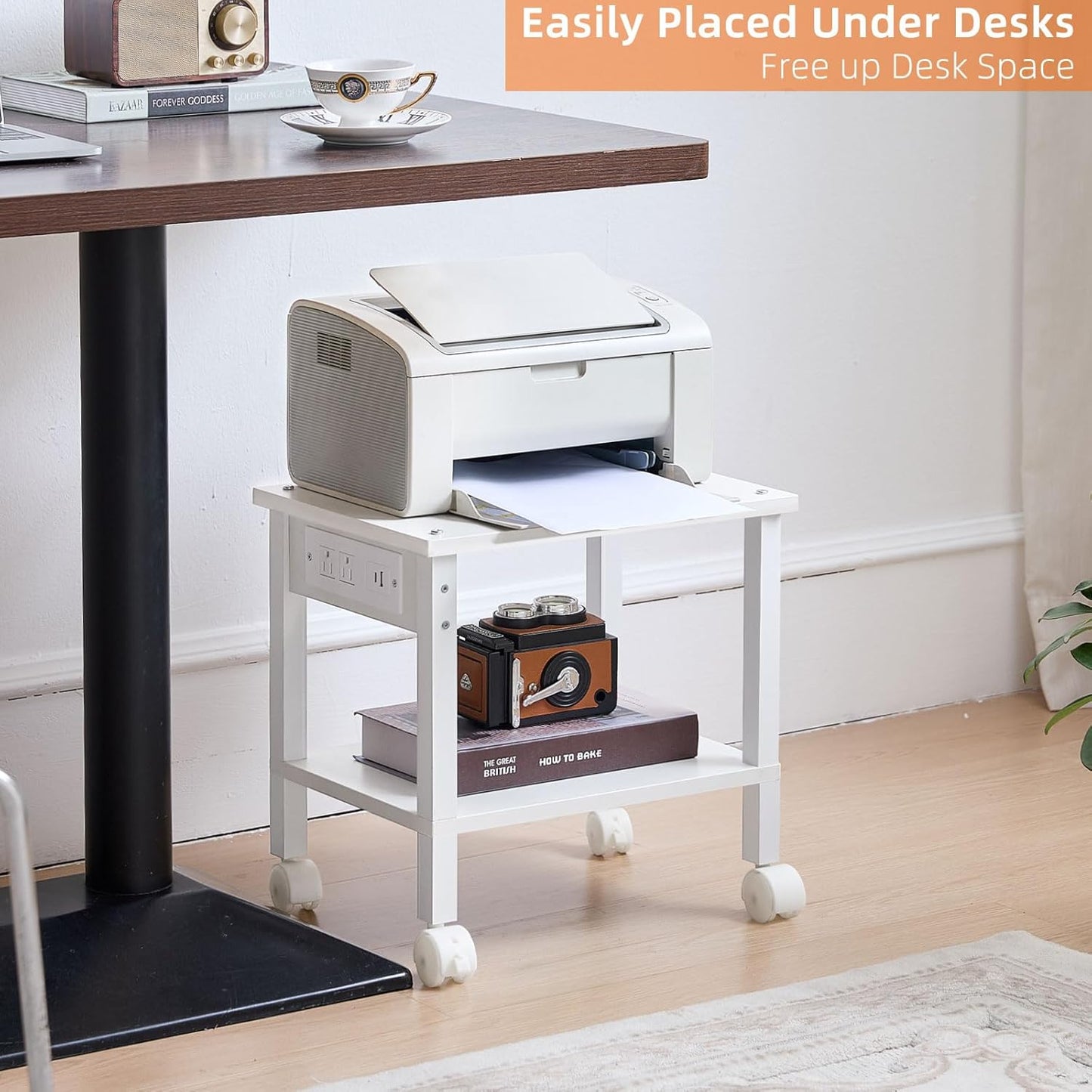 Lerliuo Under Desk Printer Stand with Charging Station, 2 Tier Wooden Small Printer Table with