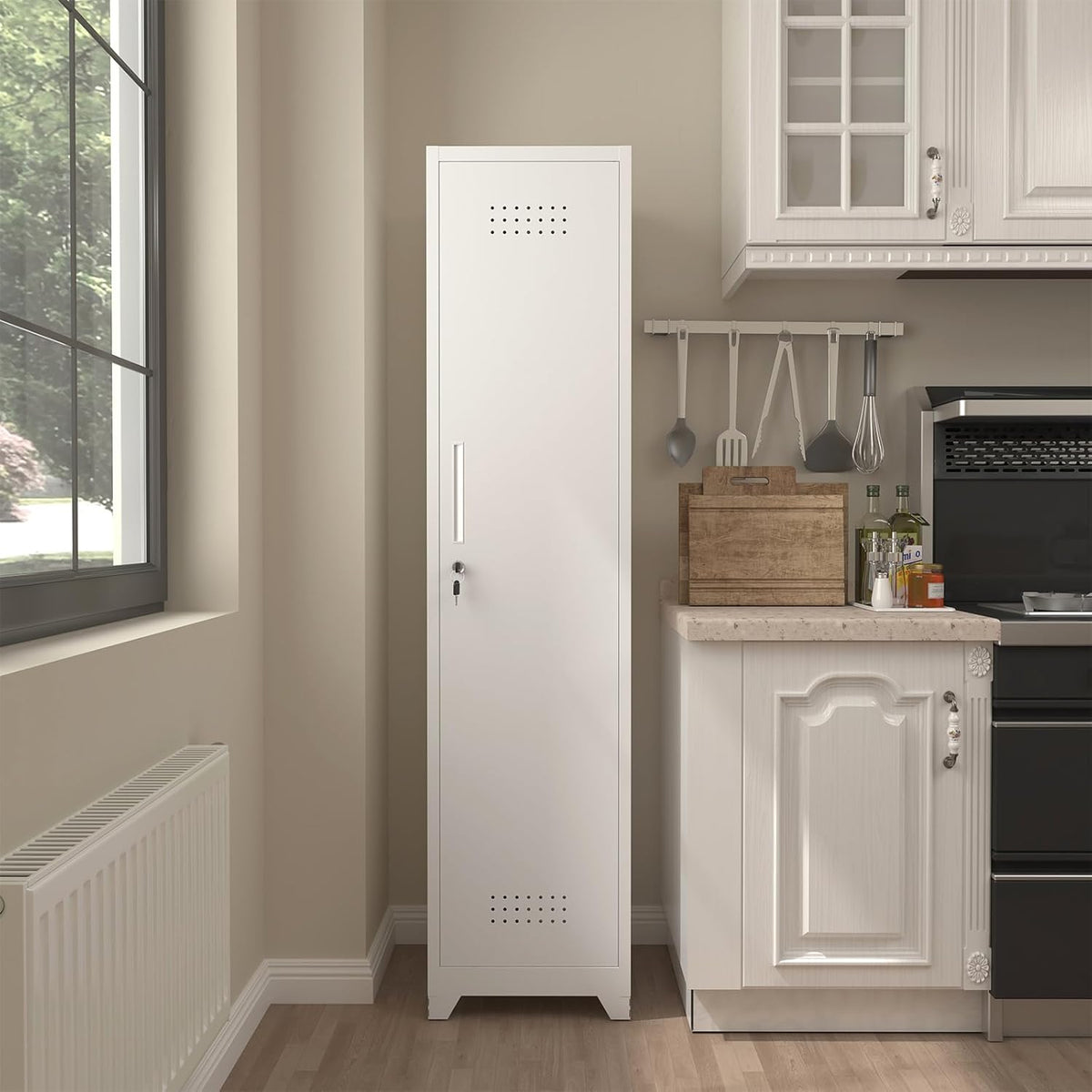 Slim Broom Storage Cabinets, Metal Cabinet with Shelves and Hanging Rod, 65" Utility Storage