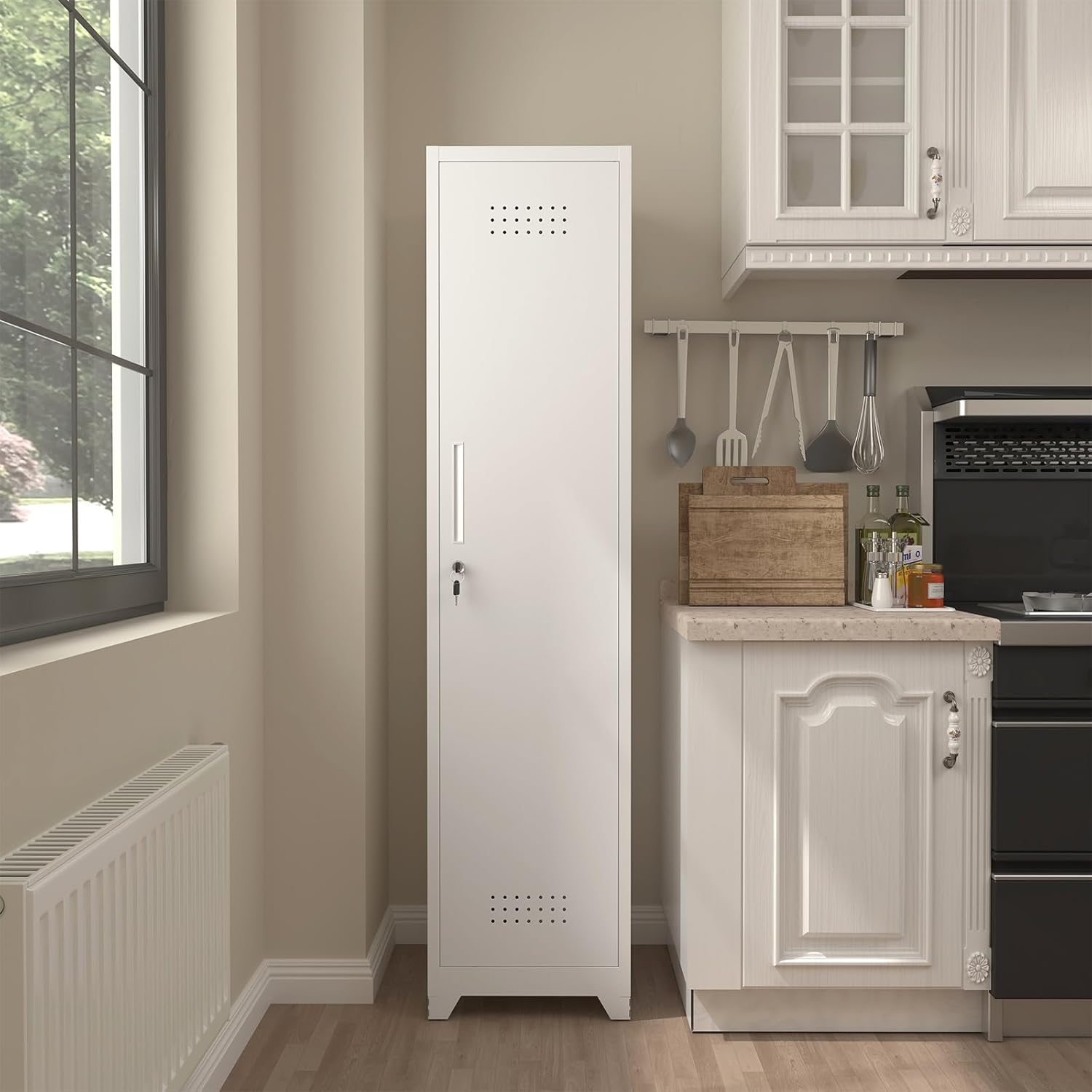 Slim Broom Storage Cabinets, Metal Cabinet with Shelves and Hanging Rod, 65" Utility Storage