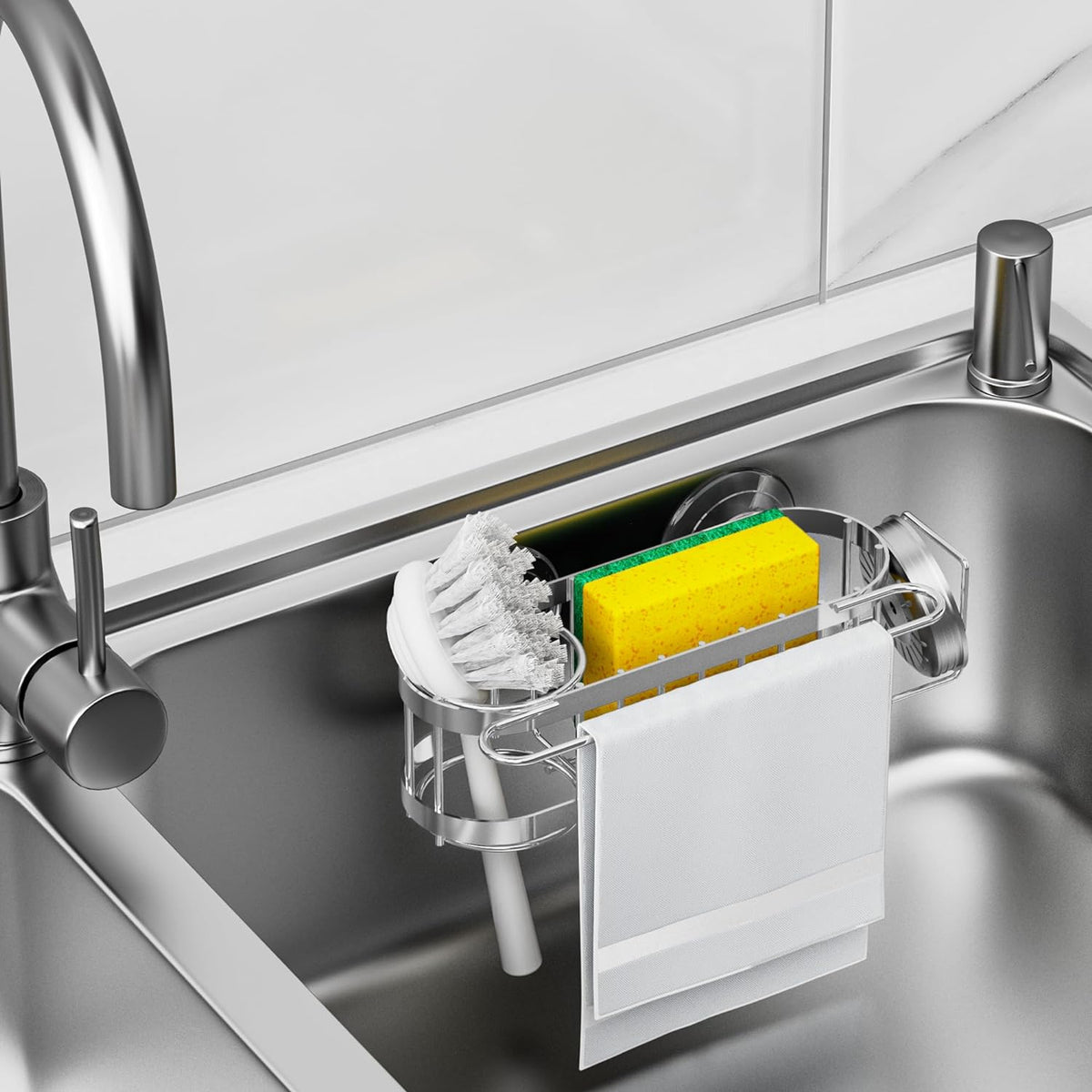 Cisily Kitchen Sink Caddy Sponge Holder in The Sink, Stainless Steel Kitchen Sink Organizer, Brush