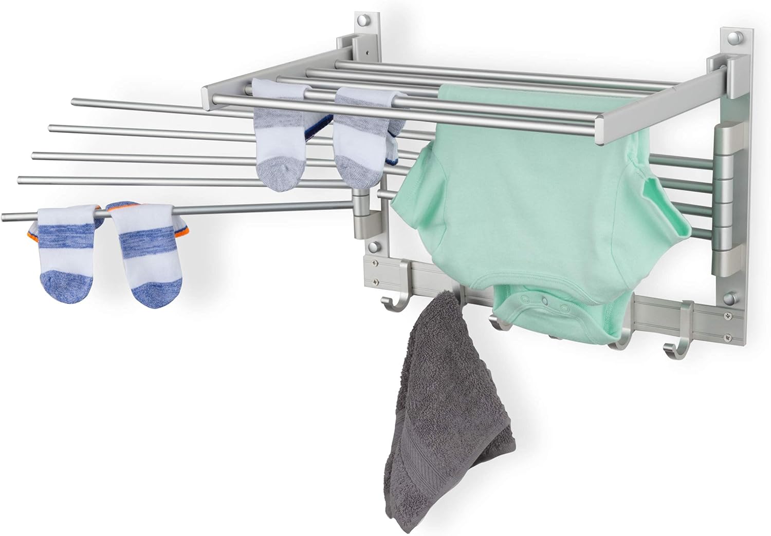 brightmaison BGT Wash Clothes Drying Rack Wall Mount Laundry Room Organizer with Hooks & Swing