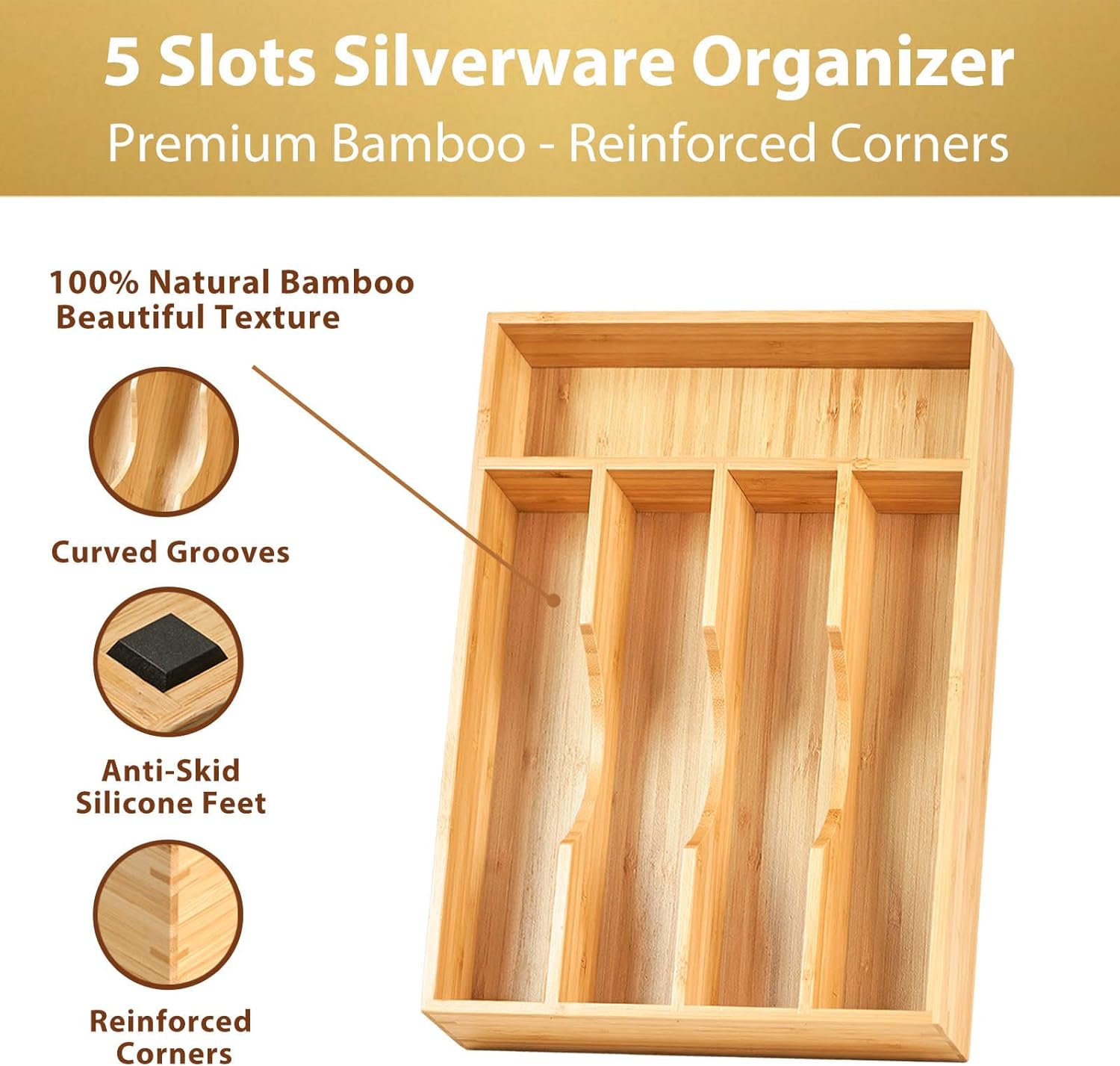 Umilife Bamboo Kitchen Drawer Organizer, 8.25 Inch Silverware Utensils Tray Holder for Small
