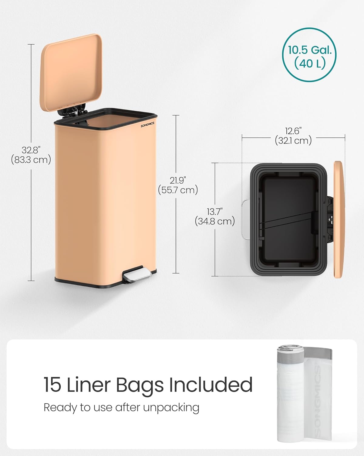 SONGMICS Kitchen Trash Can, 10.5 Gallon (40 L) Garbage Can, Large Step Trash Bin with Lid