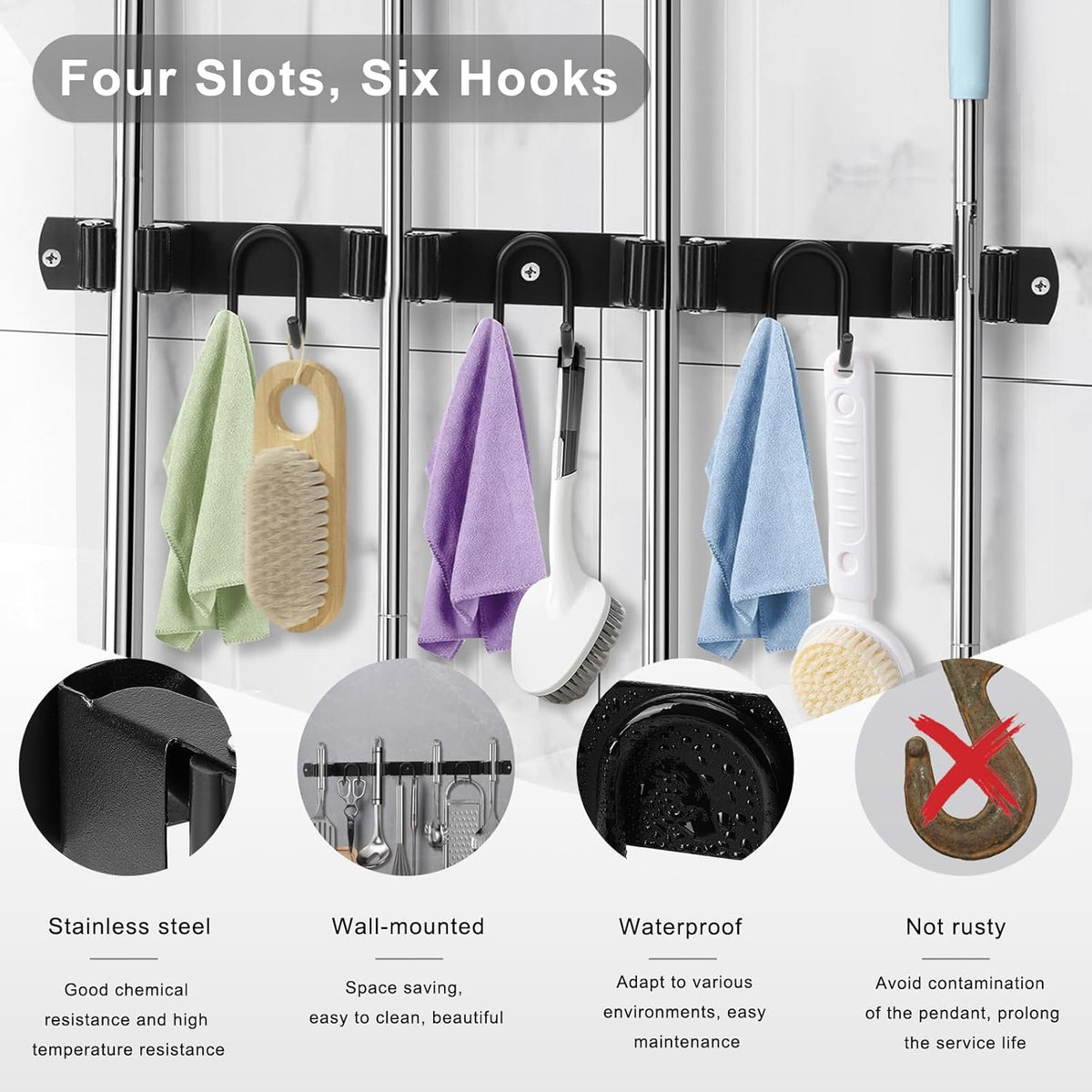 Mop Broom Holder Wall Mount, Black Stainless Steel Tool Storage Organizer for Kitchen Garden Garage