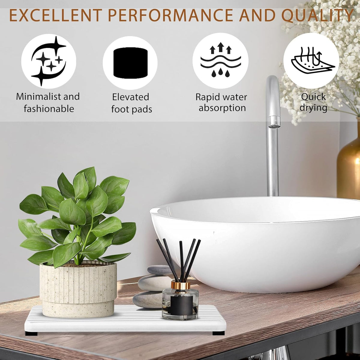 2PCS Water Absorbing Stone Tray, Fast Drying Stone Sink Tray, Water Absorbent Diatomite Trays