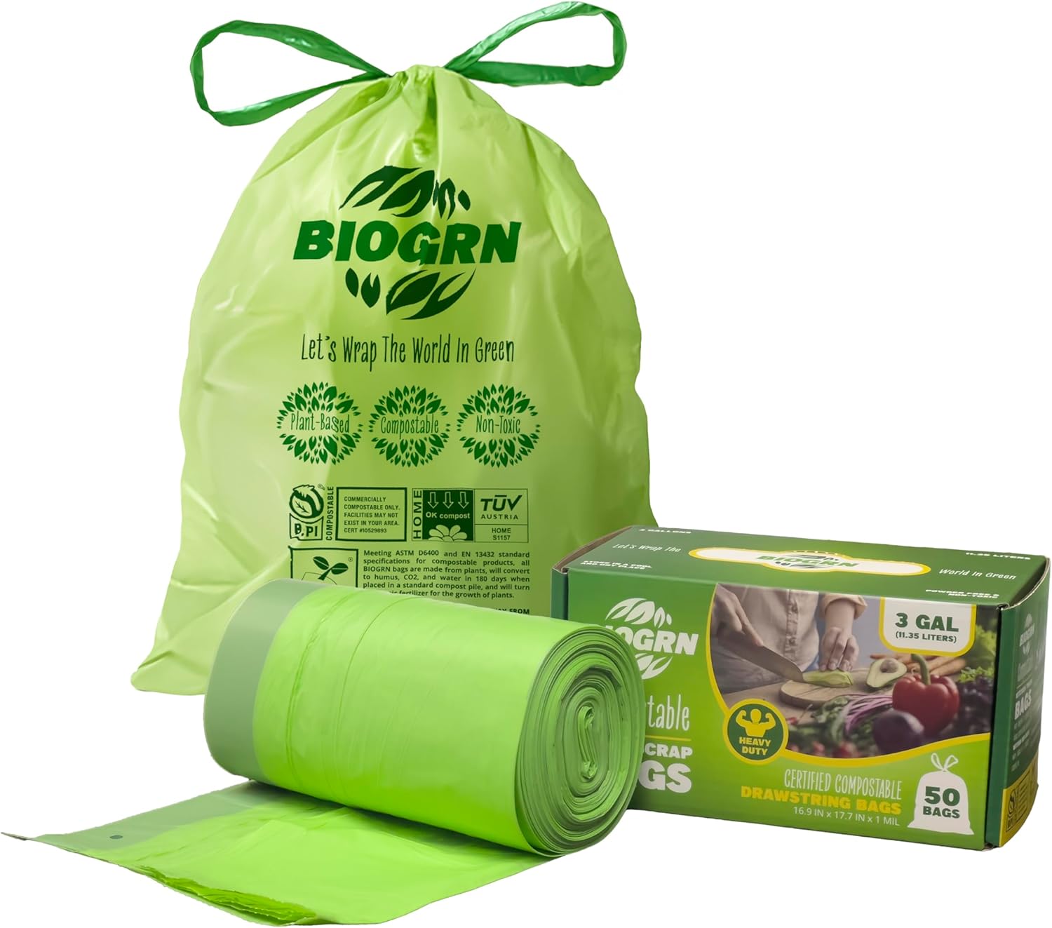 2.6-3 Gallon Compostable Trash Bags Drawstring 50 Bags Extra Thick 1 Mil 11.36 Liter Small