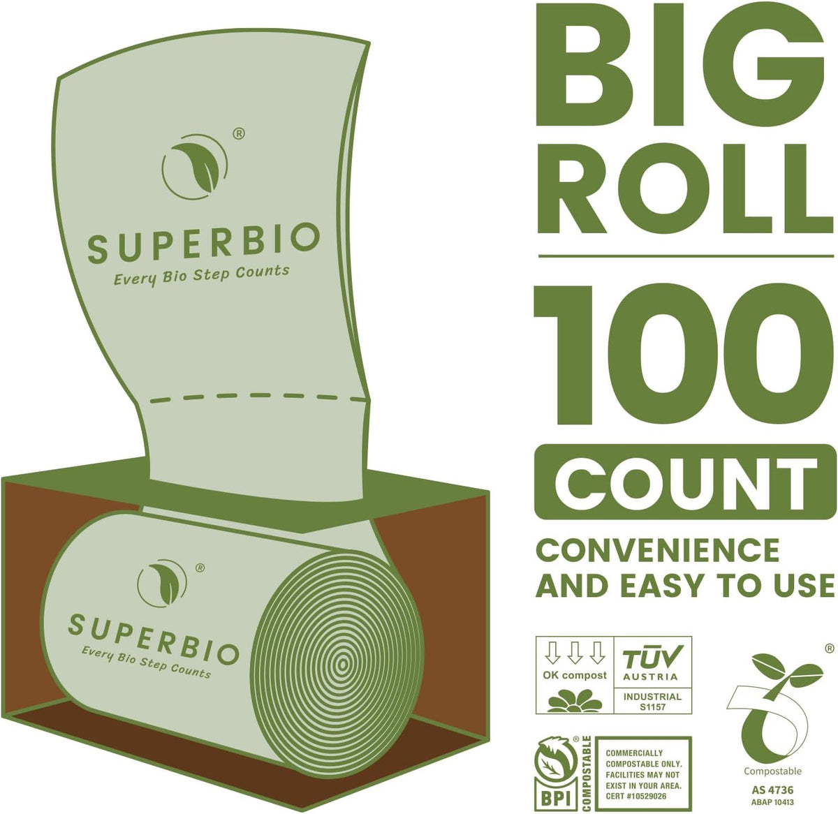 SUPERBIO 2.6 Gallon Flat Top Compostable Food Waste Bags, 100 Count, 2 Pack,9.84L, Food Scrap Bags