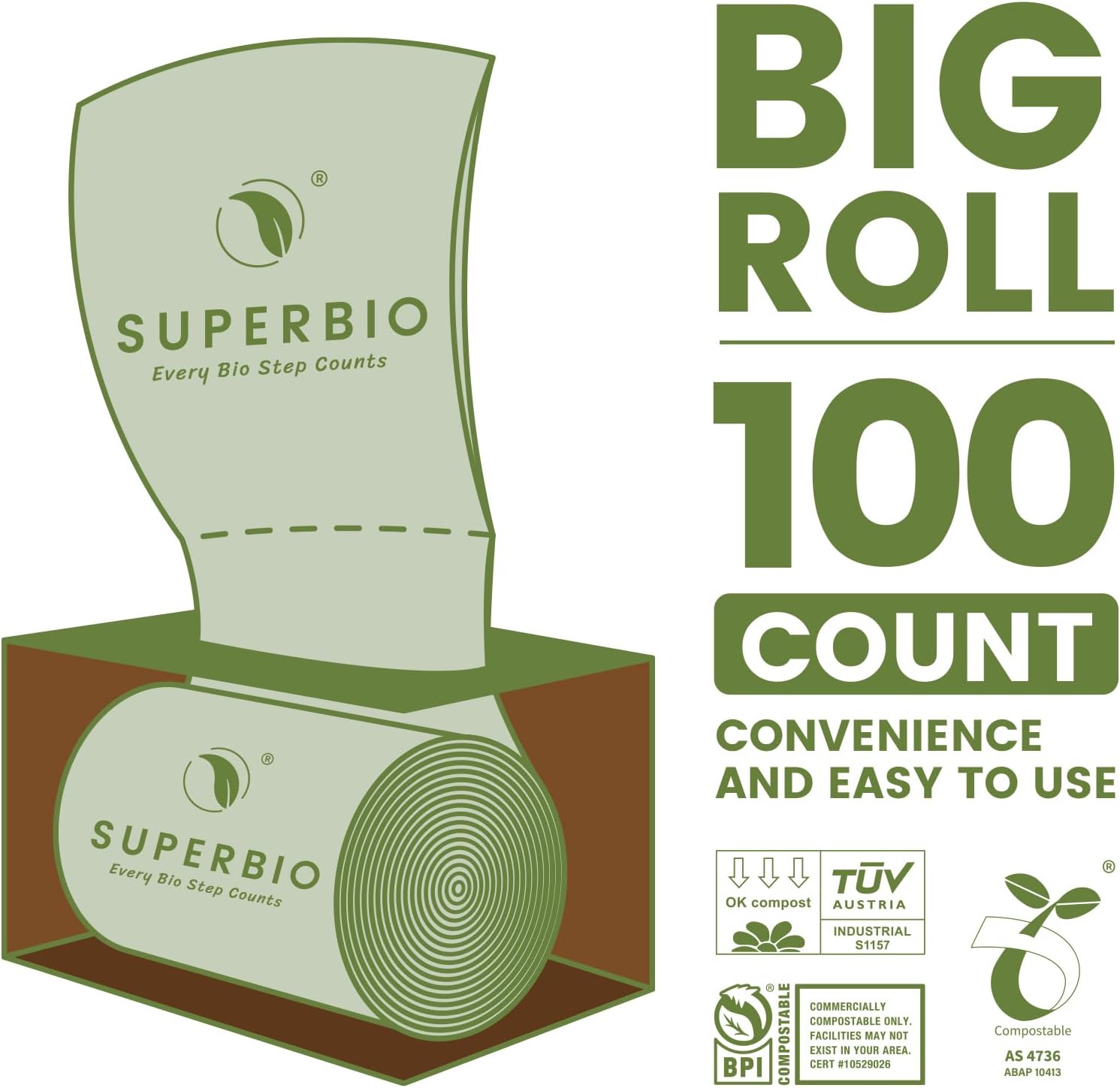 SUPERBIO 2.6 Gallon Flat Top Compostable Food Waste Bags, 100 Count, 2 Pack,9.84L, Food Scrap Bags