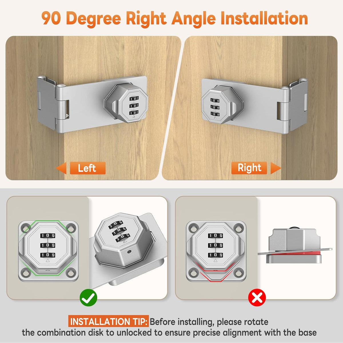 90 Degree 3-Digit Combination Cabinet Lock, Zinc Alloy Keyless Folding Hasp Lock Latch, Password