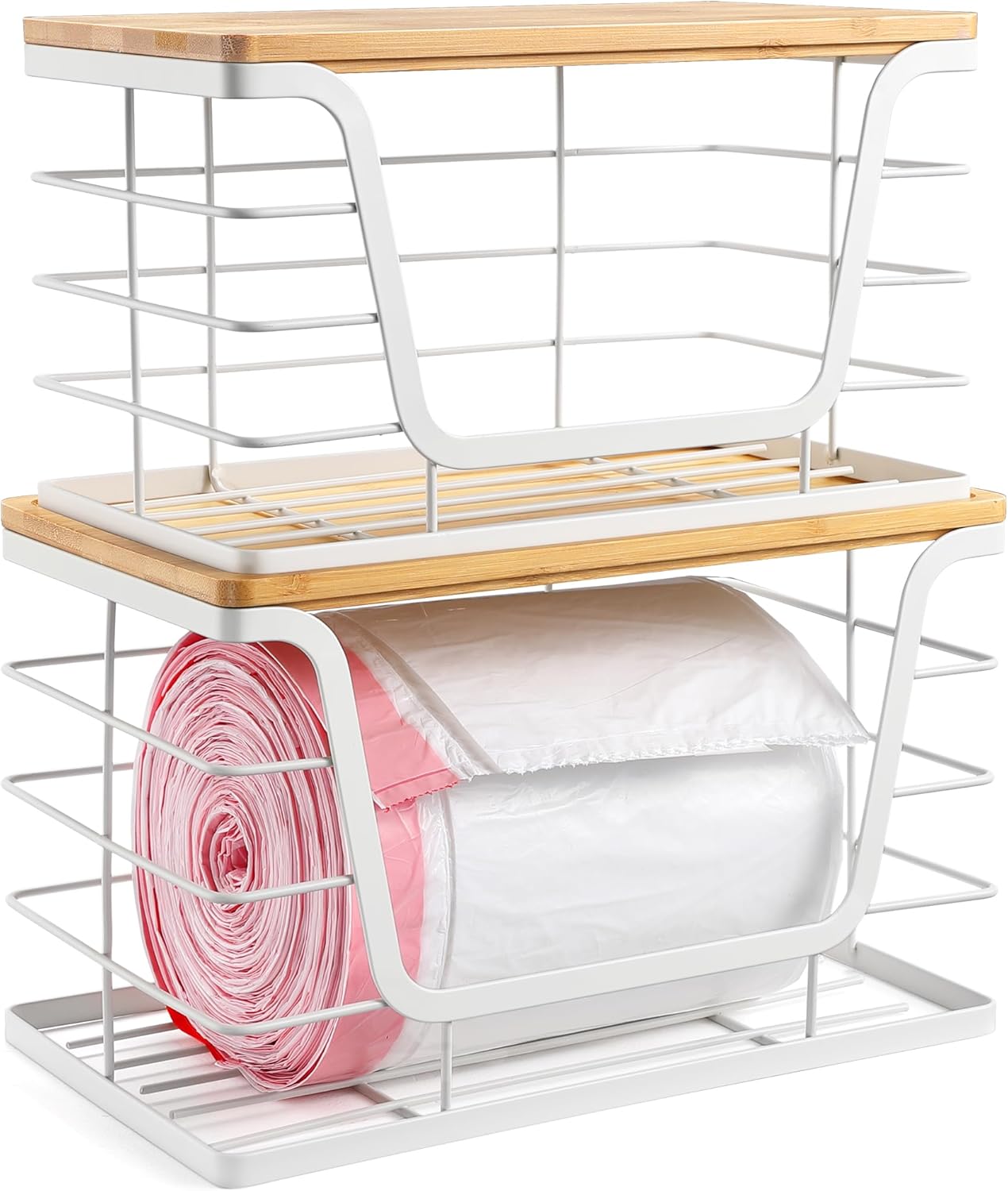 ALOCEO 2 Pack Extra Large Trash Bag Holder with Bamboo Top, Wall Mount Stainless Steel Organization