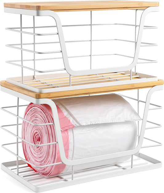 ALOCEO 2 Pack Extra Large Trash Bag Holder with Bamboo Top, Wall Mount Stainless Steel Organization