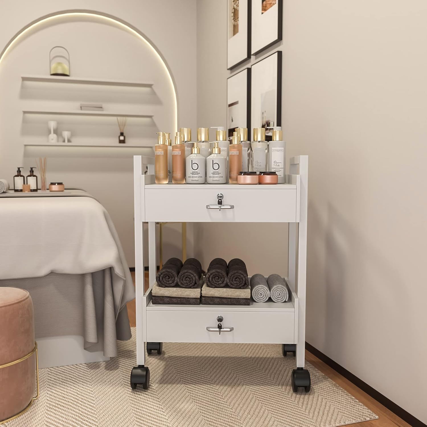 Paddie Salon Trolley Cart, Salon Tray Wooden Mobile Utility Cabinet with 2 Lockable Drawers