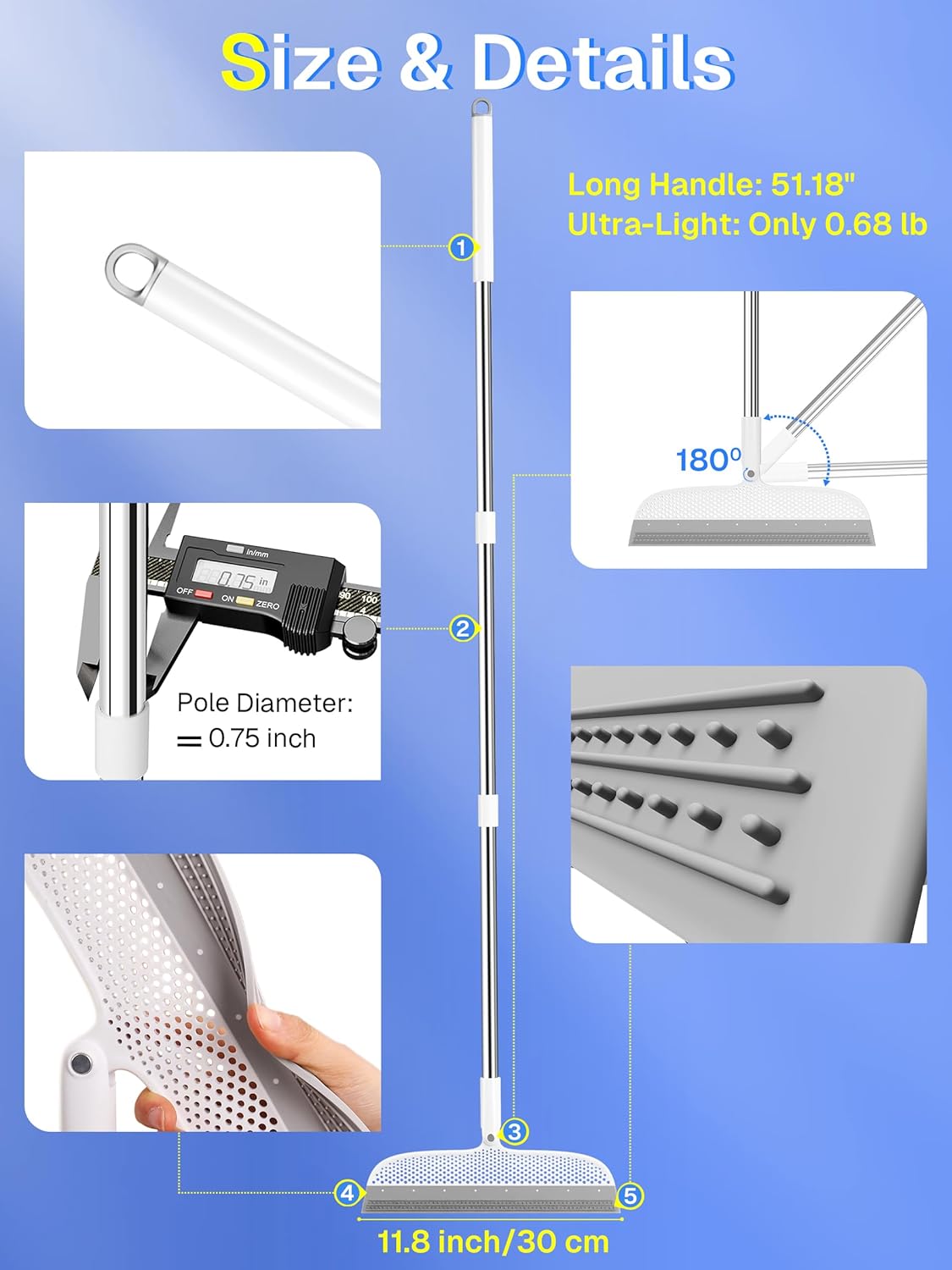 Floor Squeegee & Broom with Long Handle, 180° Rotating Head Silicone Blade Removes Water & Pet Hair