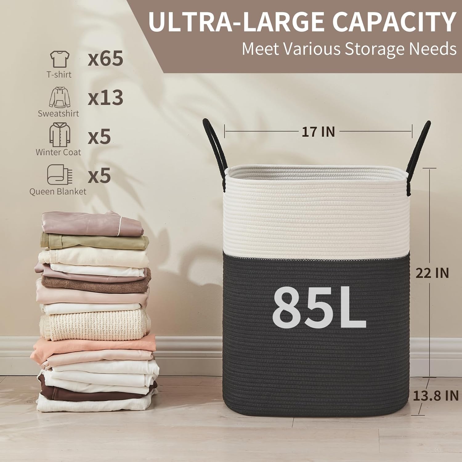 Laundry Basket with Handles - Blanket Basket & Hampers for Bedroom Aesthetic, Laundry Hamper &