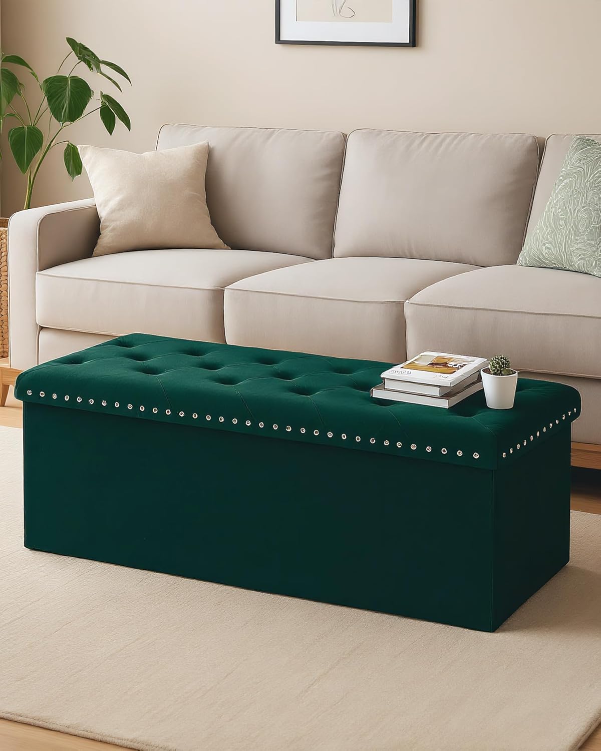 Velvet Storage Ottoman Bench, 43.3" Folding Ottoman with Rivet Trim, Heavy-Duty Upholstered