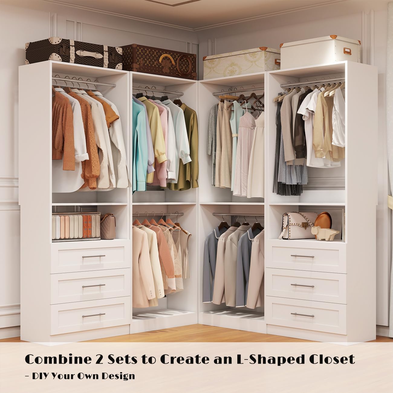 Closet System with 2 Sets, 4FT Closet Organizer Systems with 3 Wooden Drawers & 5 Hanging Rods