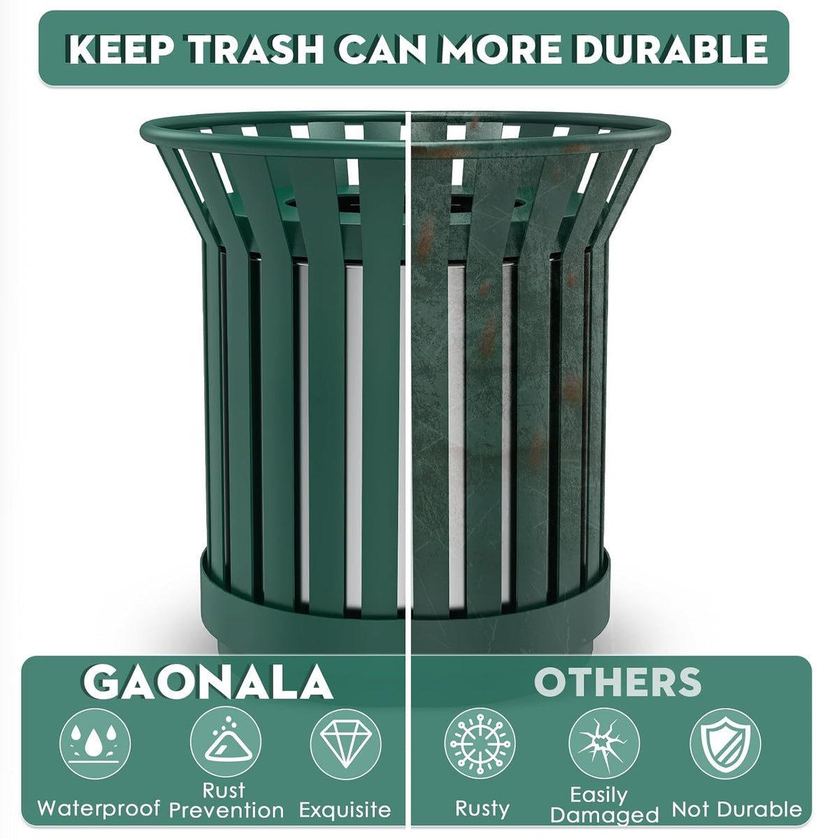 27.6IN Round Large Outdoor Trash Can, Heavy Duty Metal Slatted Garbage Can Outdoor, All Weather