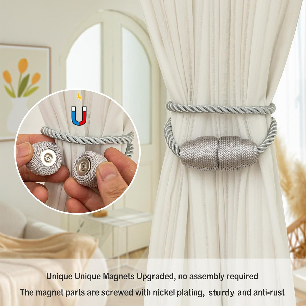 Magnetic Curtain Tiebacks - Rope Tiebacks for Curtains & Drapes, Decorative Window Holdbacks (8
