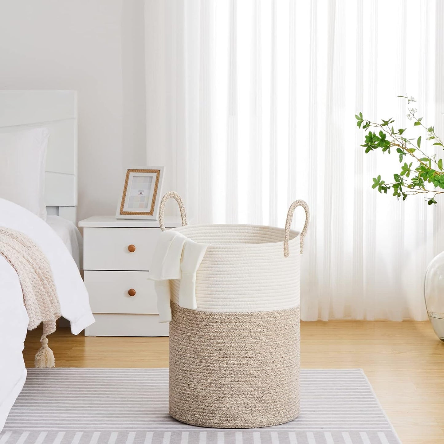 VIPOSCO Large Laundry Hamper, Tall Woven Rope Storage Basket for Blanket, Toys, Dirty Clothes in