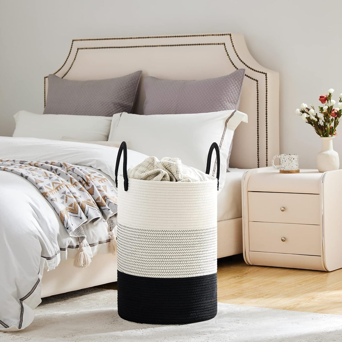 VIPOSCO Large Laundry Hamper, Tall Woven Rope Storage Basket for Blanket, Toys, Dirty Clothes in