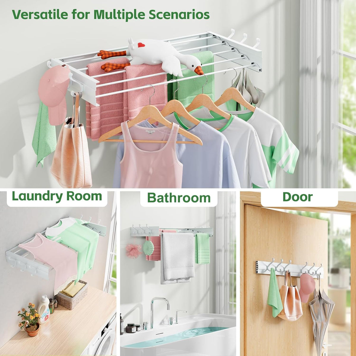 Wall Mounted Drying Rack 31.5", Foldable Clothes Drying Rack with 6 Towel Hooks and 5 Rods for
