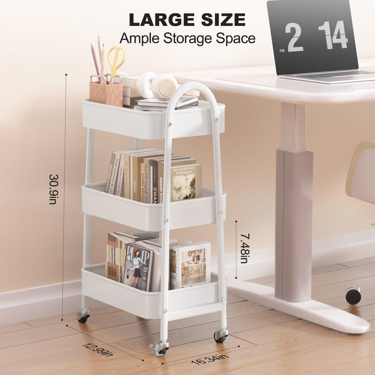 EAGMAK 3 Tier Rolling Cart Under Desk, Large Metal Storage Cart with Handle and Lockable Wheels
