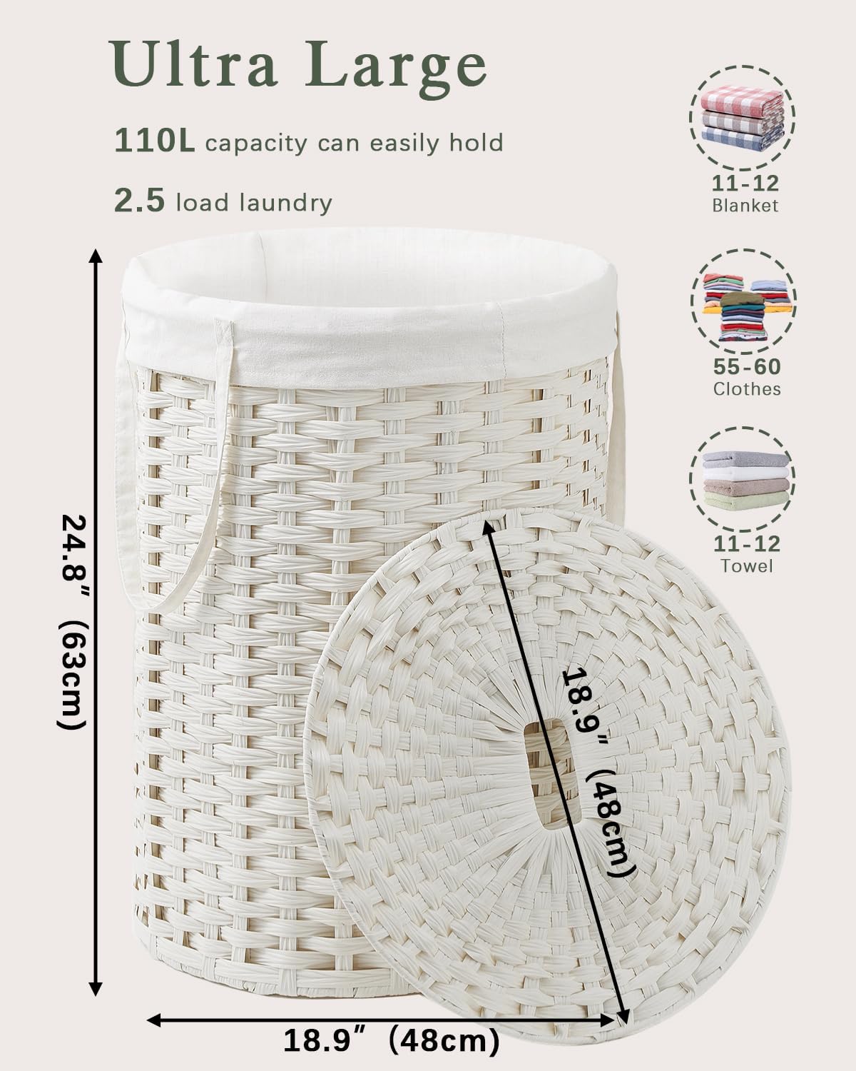 Laundry Basket with Lid Round Rattan Laundry Hamper with Lid and Handles 29.1 Gal (110 L) Handwoven