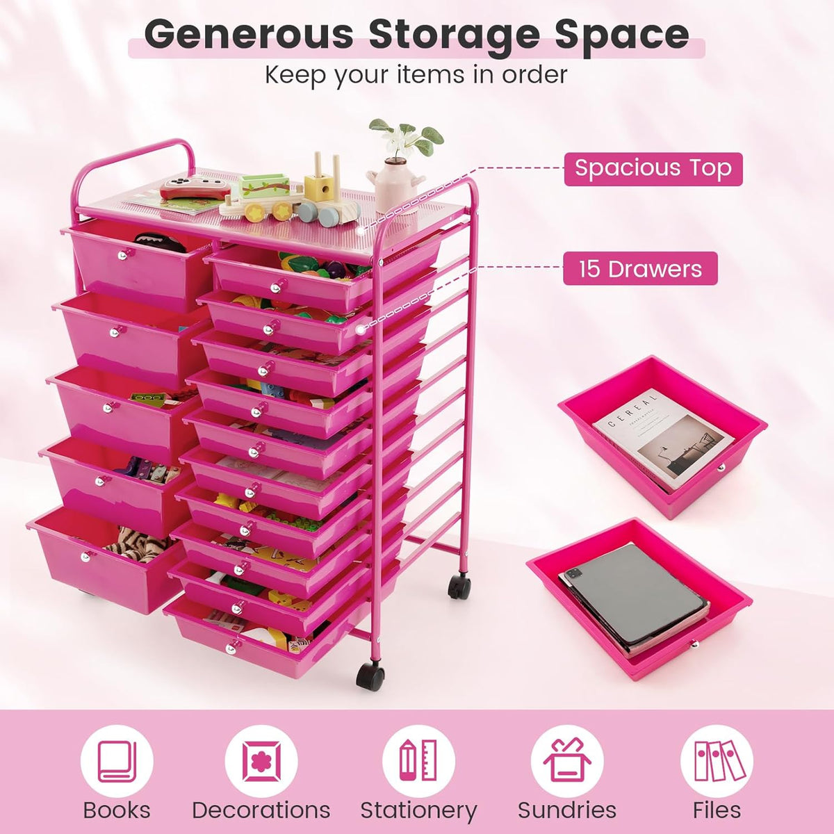 GOFLAME 15-Drawer Rolling Storage Cart, Multipurpose Movable Organizer Cart, Utility Cart for Home