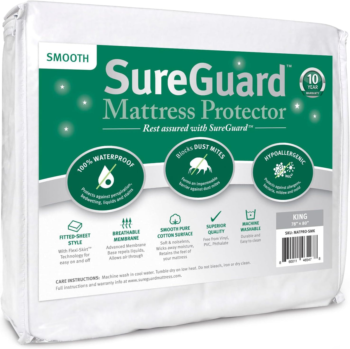 SureGuard King Size Mattress Protector - 100% Waterproof, Hypoallergenic - Premium Fitted Cotton