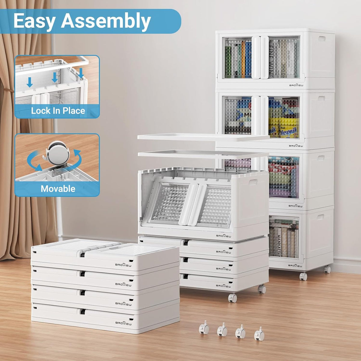 BROVIEW 400 Qt Stackable Storage Bins with Lids & Doors, 4 Pack Plastic Closet Organizer and