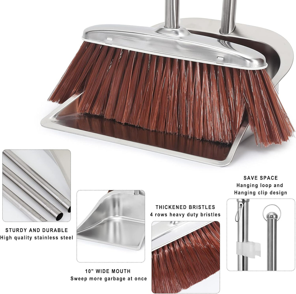 Broom and Dustpan Set for Home, 56" Kitchen Broom with Dustpan Combo Set, Heavy Duty Dustpans with