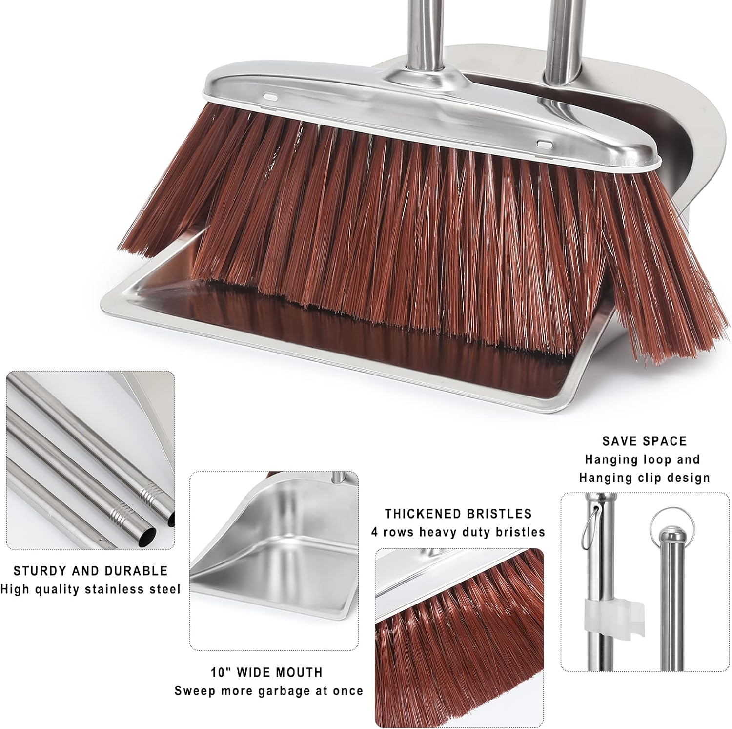 Broom and Dustpan Set for Home, 56" Kitchen Broom with Dustpan Combo Set, Heavy Duty Dustpans with