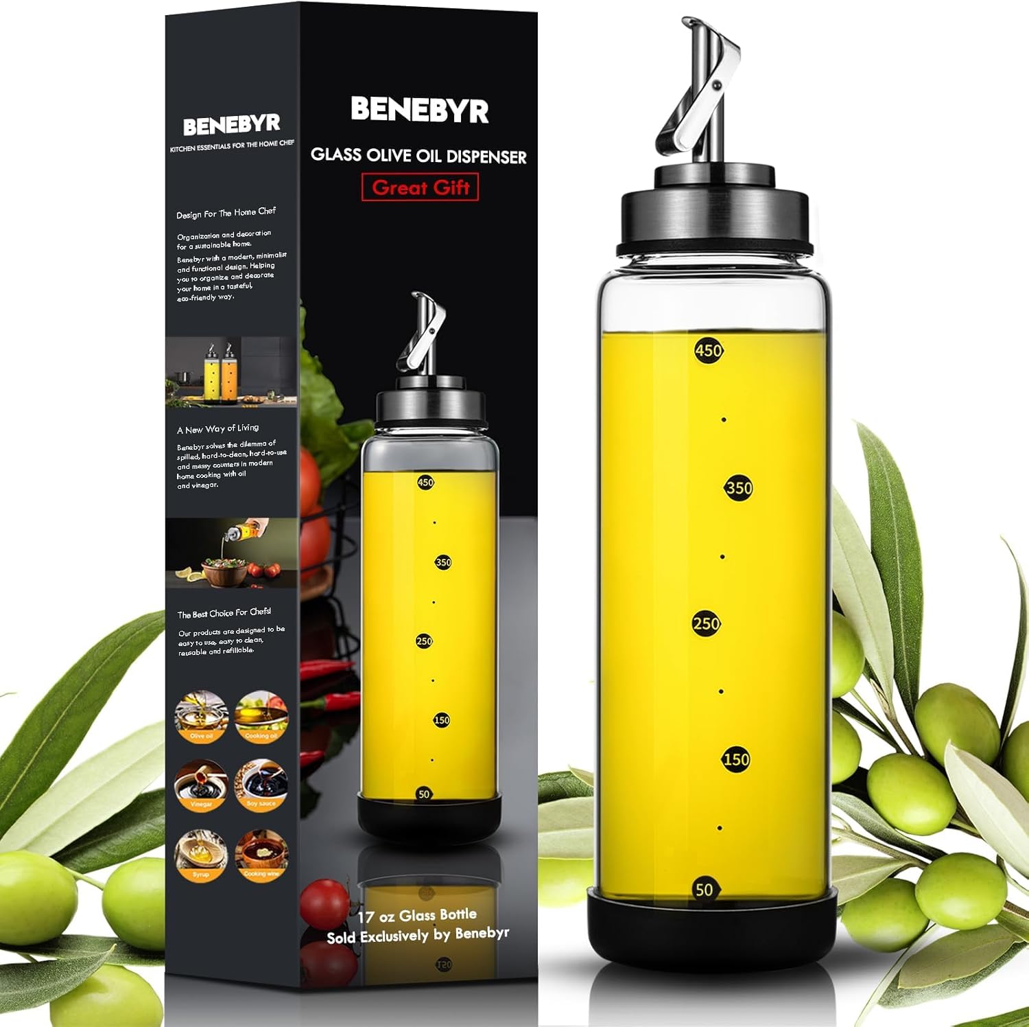 Glass Olive Oil Dispenser Bottle for Kitchen Shatterproof & Leakproof Cooking Oil Dispenser with