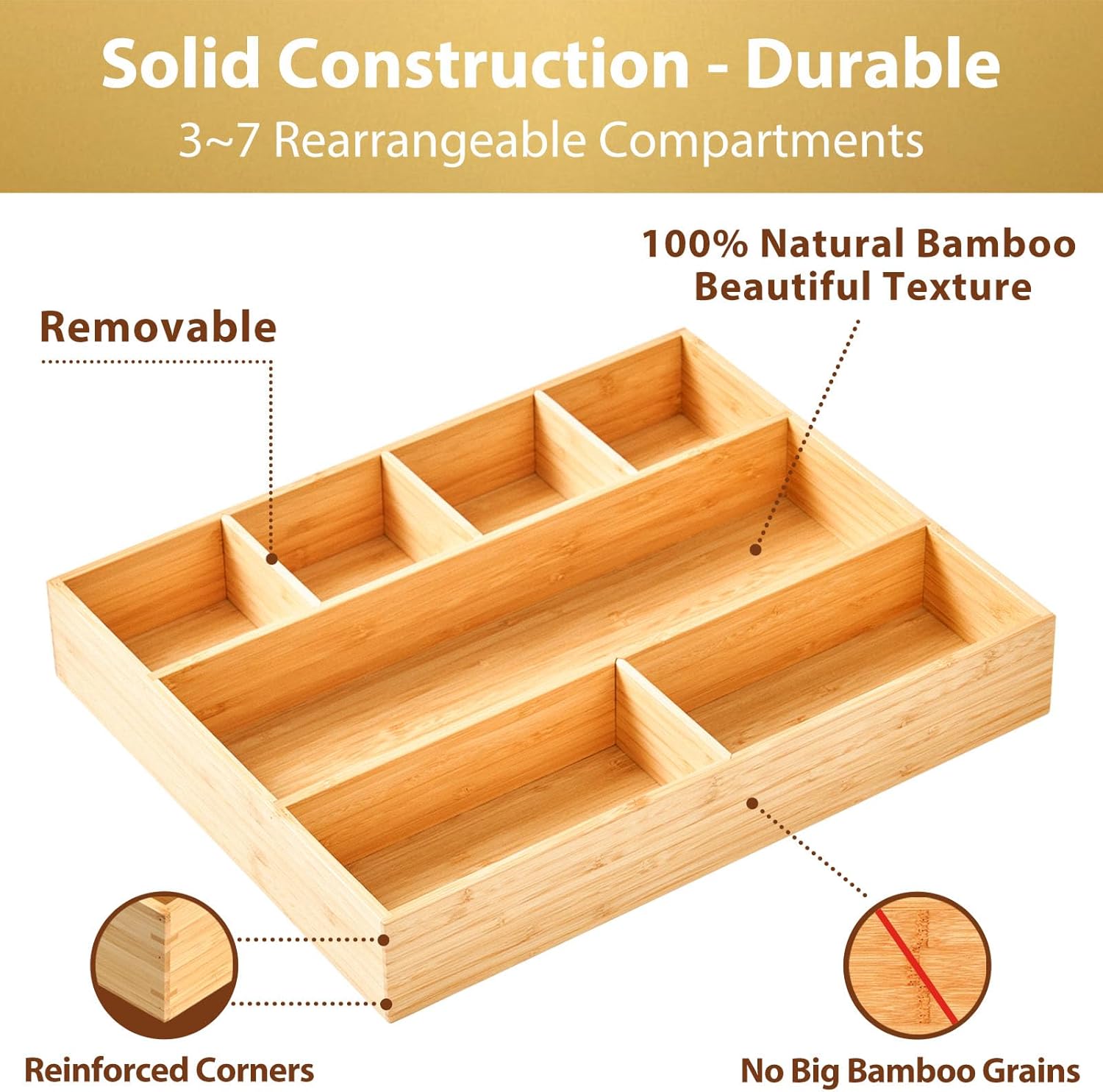 Umilife Large Bamboo Desk Drawer Organizer, Wood Junk Organizer Tray with Adjustable Dividers