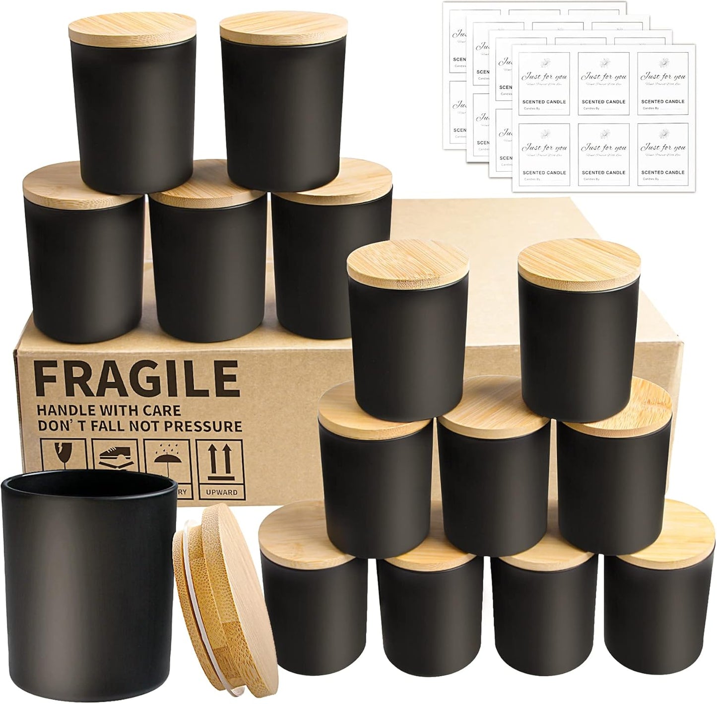 CONNOO 15 Pack 7 OZ Halloween Candle Jars with Bamboo Lids for Making Candles, Thick Black Glass