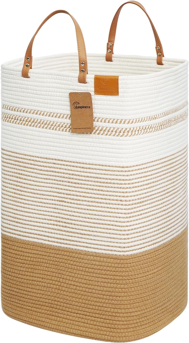 danpinera Large Laundry Hamper – 75L Tall Woven Cotton Storage Basket with Leather Handles, Slim