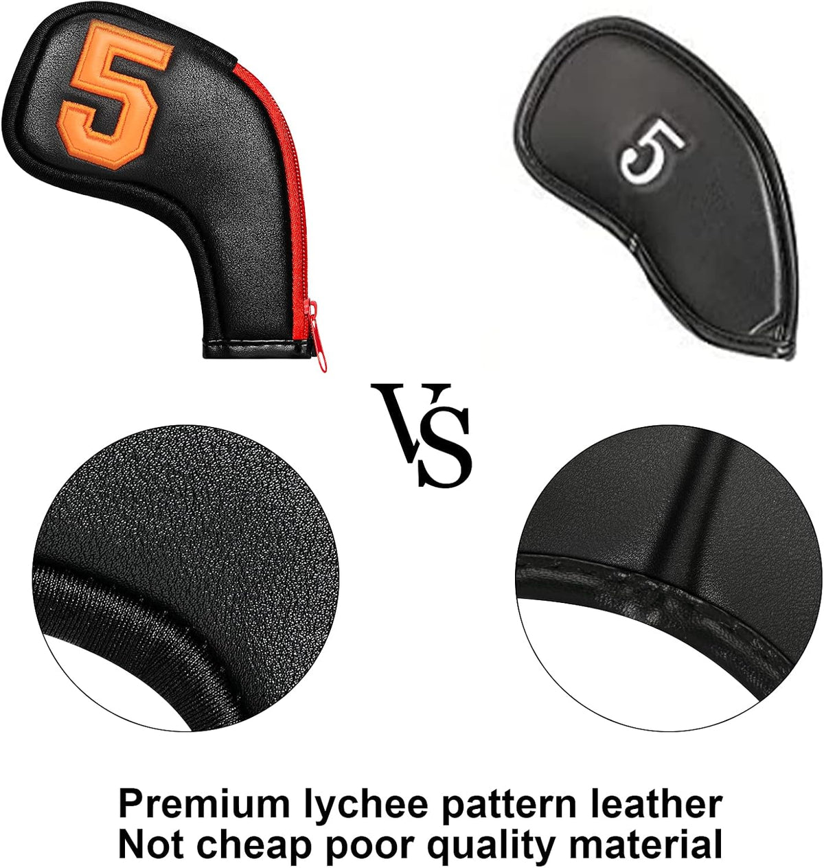 wosofe Golf Head Covers for Iron Headcover with Zipper Black Leather 10pcs Set Colorful Number