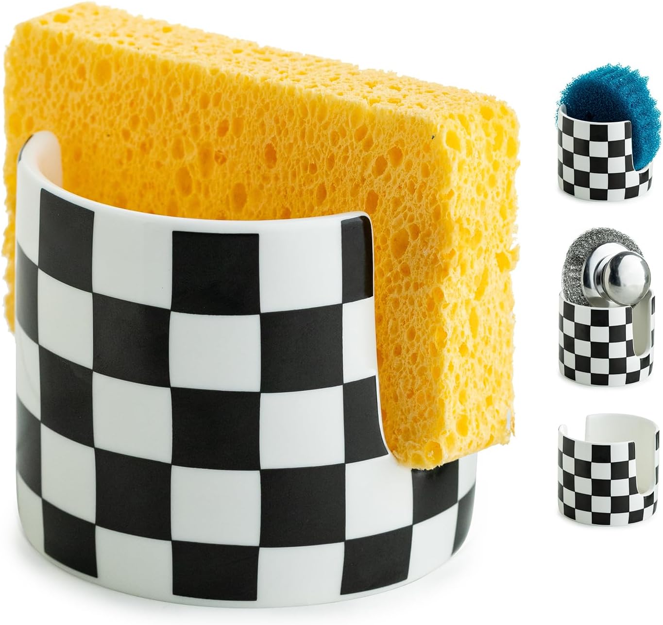Checkered Kitchen Sink Sponge Holder, Dish Sponge Rack Ceramic Brush Holder Farmhouse Kitchen Dish
