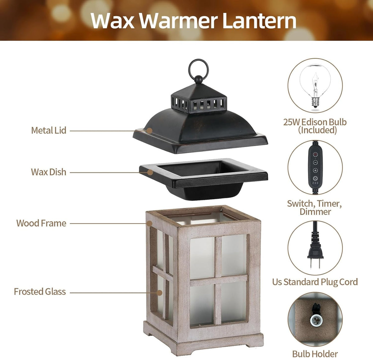 Wax Melt Warmer with Timer: Farmhouse Lantern Candle Warmer Electric Tart Burner with Lid for