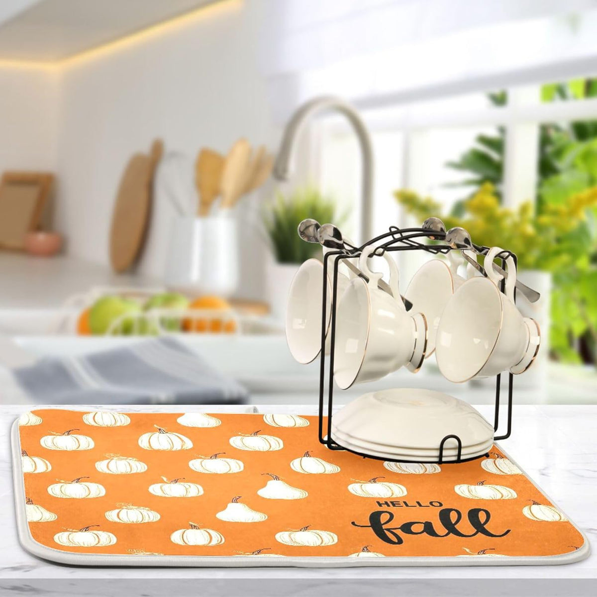 Hello Fall Burnt Orange Dish Drying Mat for Kitchen Countertop 16x18 Autumn Pumpkin Small Drying