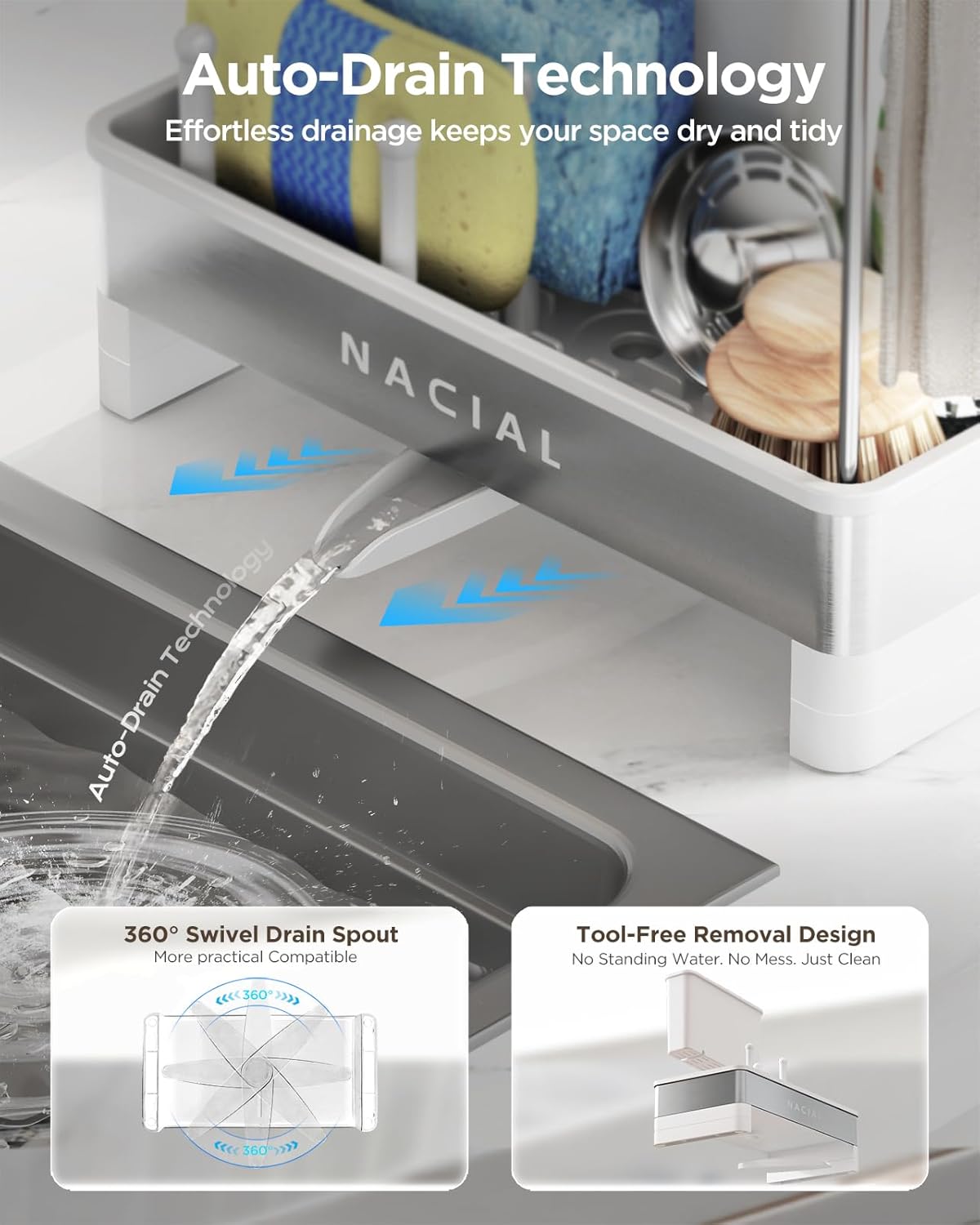 Nacial Sponge Holder for Kitchen Sink, Sink Caddy Organizer with High Brush Holder, Two Towel Racks