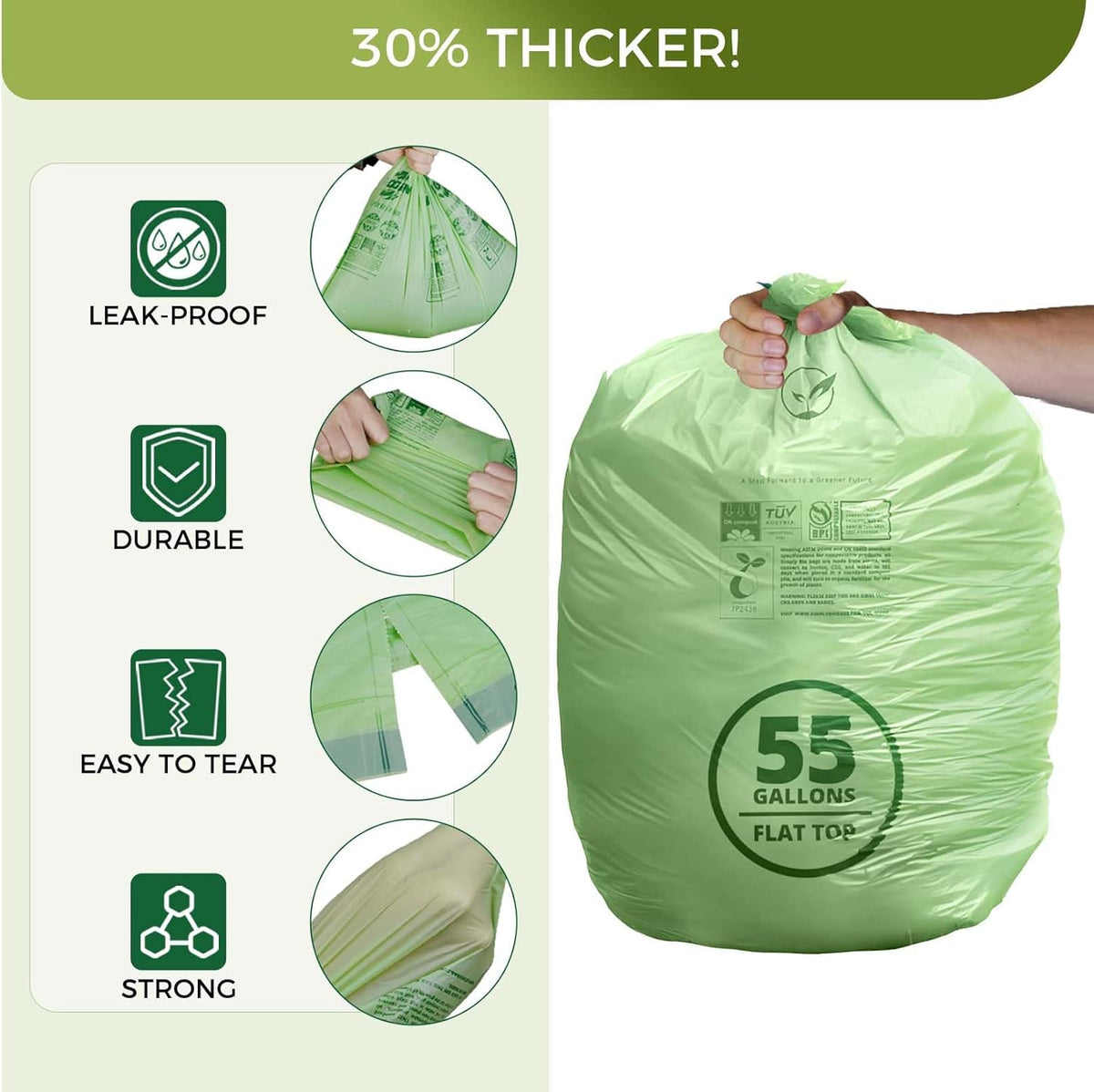 50-55 Gallon Compostable Trash Bags with Flat-Top, Heavy Duty Extra Thick 1.57 Mil, 208.2 Liter, 12
